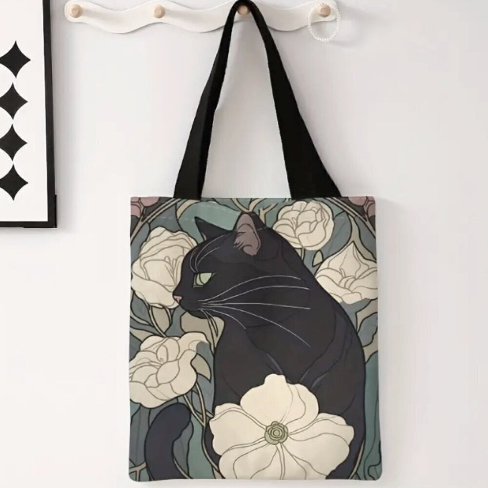 Cat and Camelias Reusable Shopping Tote Poly Canvas